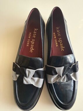 kate spade Black Patent Leather Loafers with Striped Bow Detail